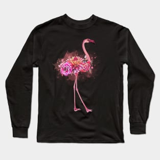 Pink Flamingo and pink flowers roses Long Sleeve T-Shirt